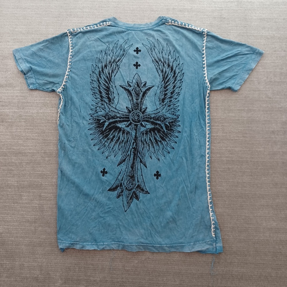 Raw State Premium Redemption Shirt Y2K Mens Large‎ Blue Winged Cross Textured